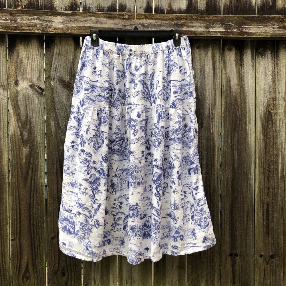 Joie 100% Linen Tropical Toile Midi Skirt Size XL Pockets Blue White Beach - Picture 10 of 15